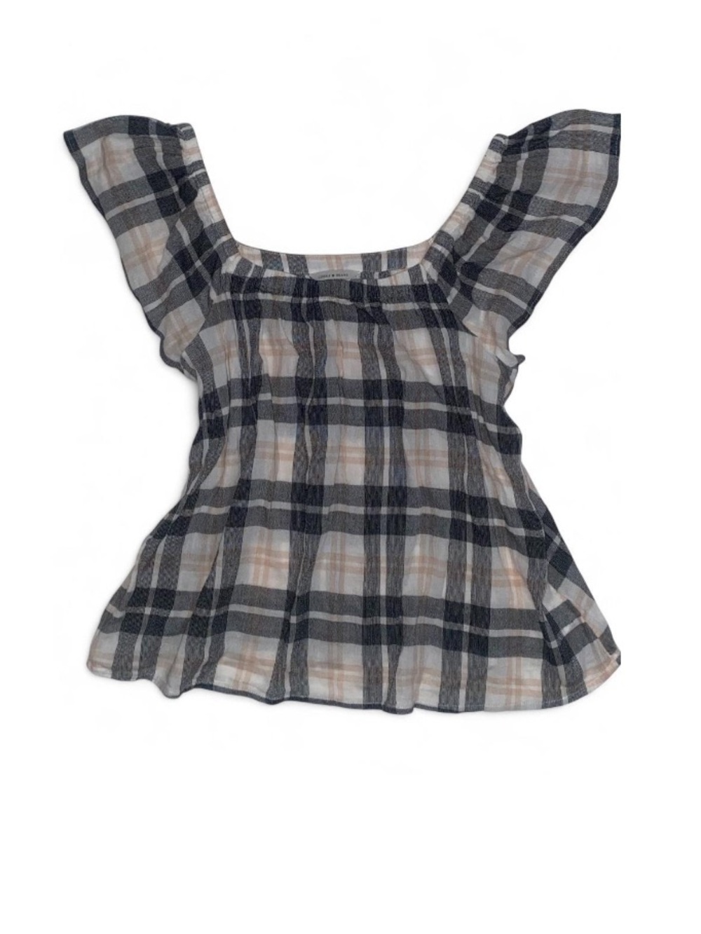 Lucky Brand Black & Cream Plaid Flutter Sleeve Square Neck Top